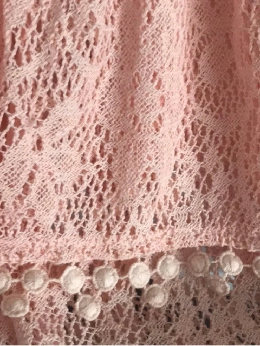 Free People Lace Babydoll Tank Pom Pom Trim Boho Festival Top Pastel Peach